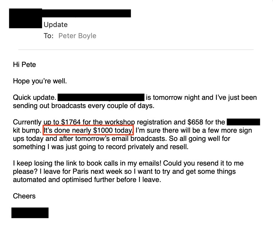 Client email: nearly $1,000 in sales today