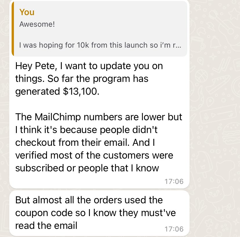 Client message: the programme has generated $13,100 so far