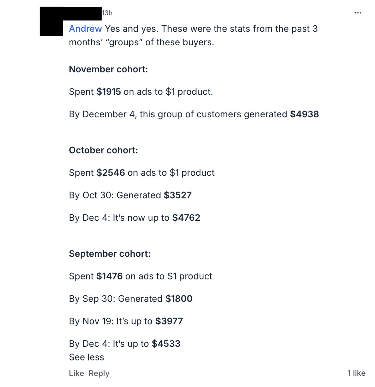 Client message breaking down ad spend and revenue by monthly cohort