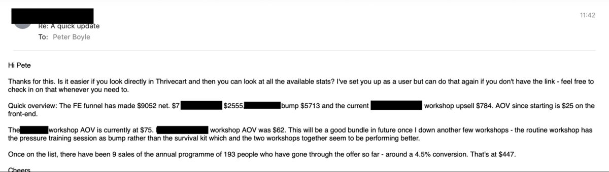 Client email with a funnel revenue update
