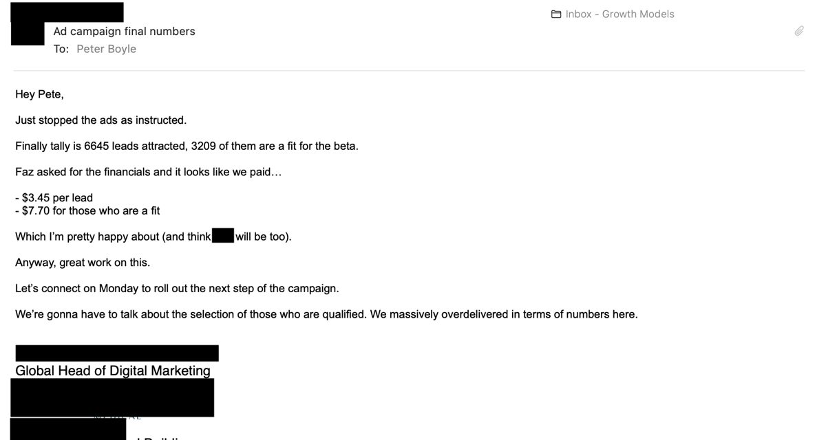 Email from the pharma client's Global Head of Digital Marketing: 6,645 leads at $3.45, 3,209 qualified at $7.70