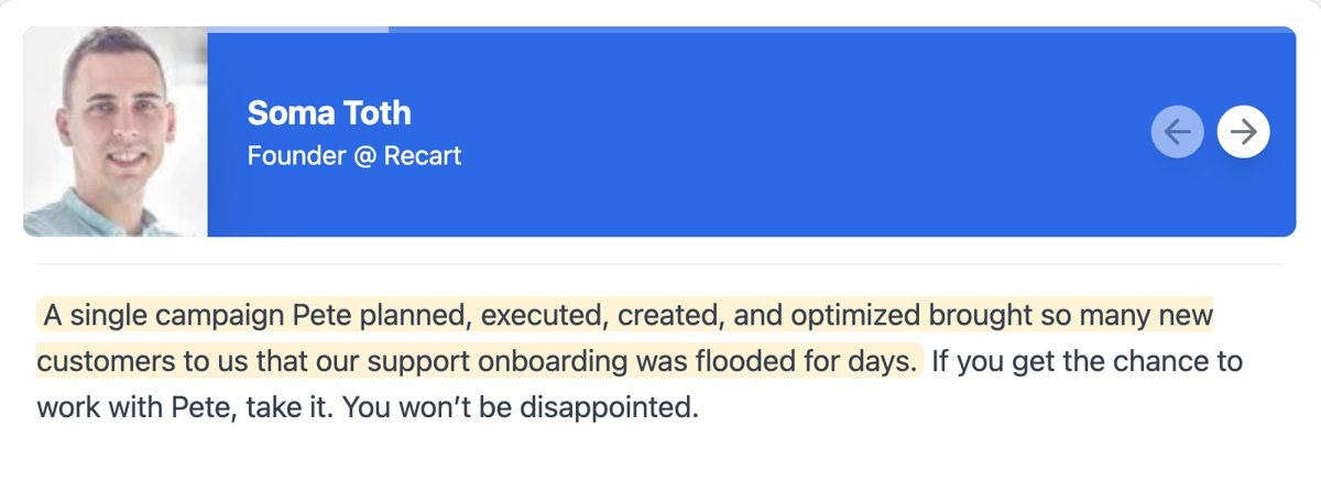Testimonial from Soma Toth, Founder at Recart