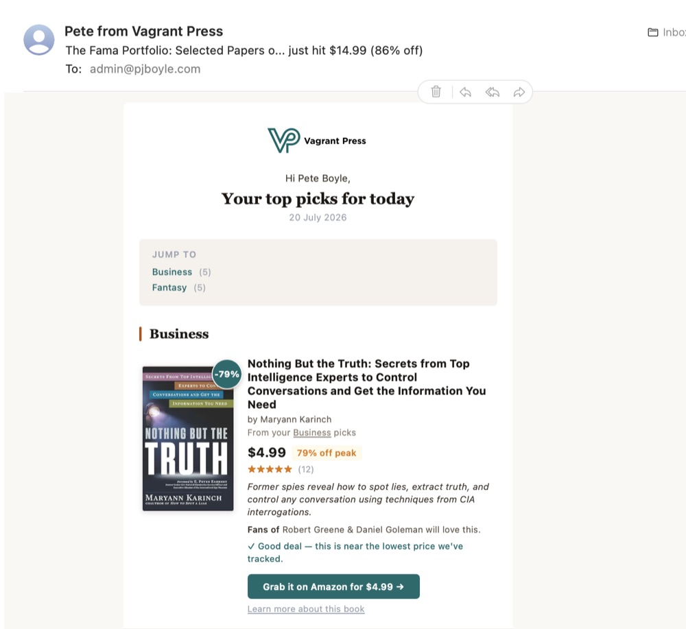 A daily Vagrant Press promo email, segmented by reader interests