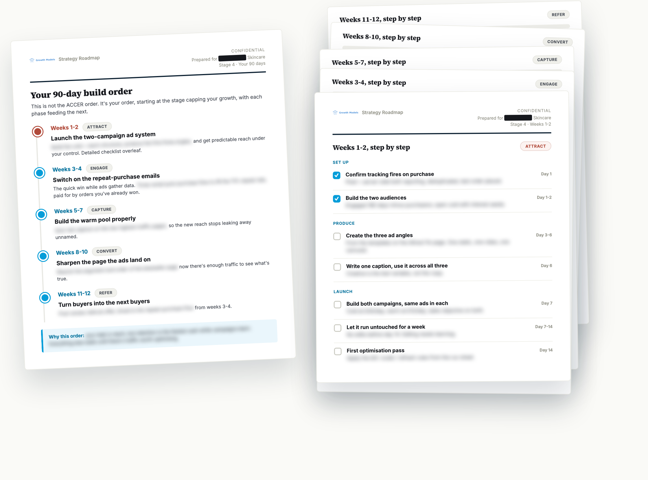 Sample Roadmap pages, 90-day timeline and weekly checklists