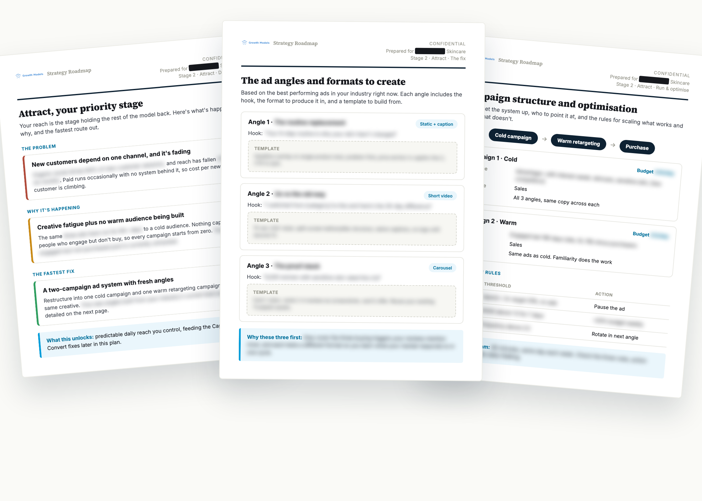 Sample Roadmap pages, stage diagnosis, ad angles and campaign structure