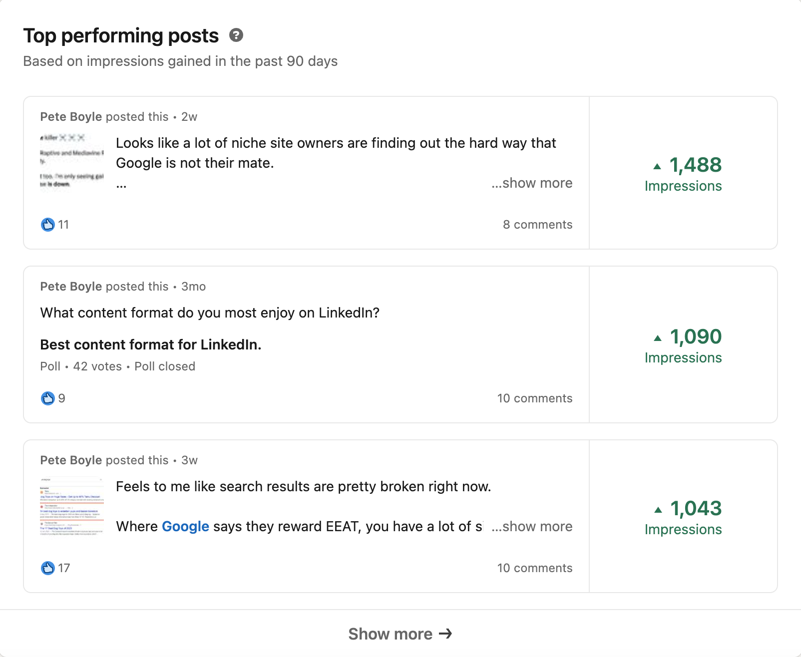 Top posts on LinkedIn from AI social media campaign